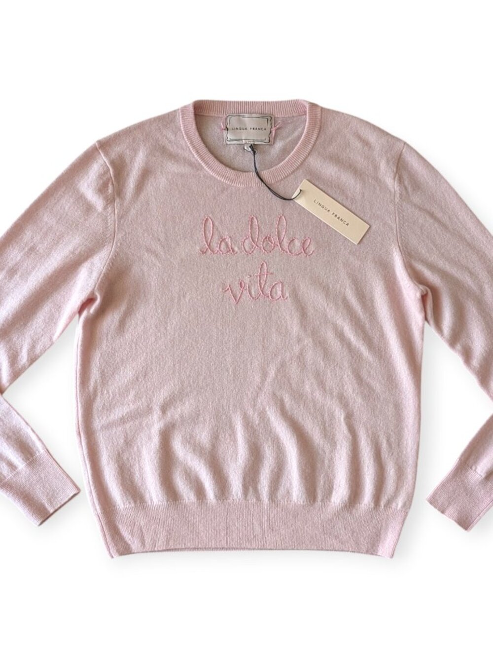 Lingua Franca La Dolce Vita Pale Pink 100% Cashmere Crewneck Sweater New Large